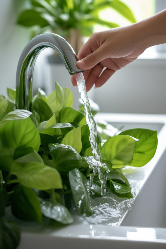 An innovative plant container with a hand pouring water from a faucet.