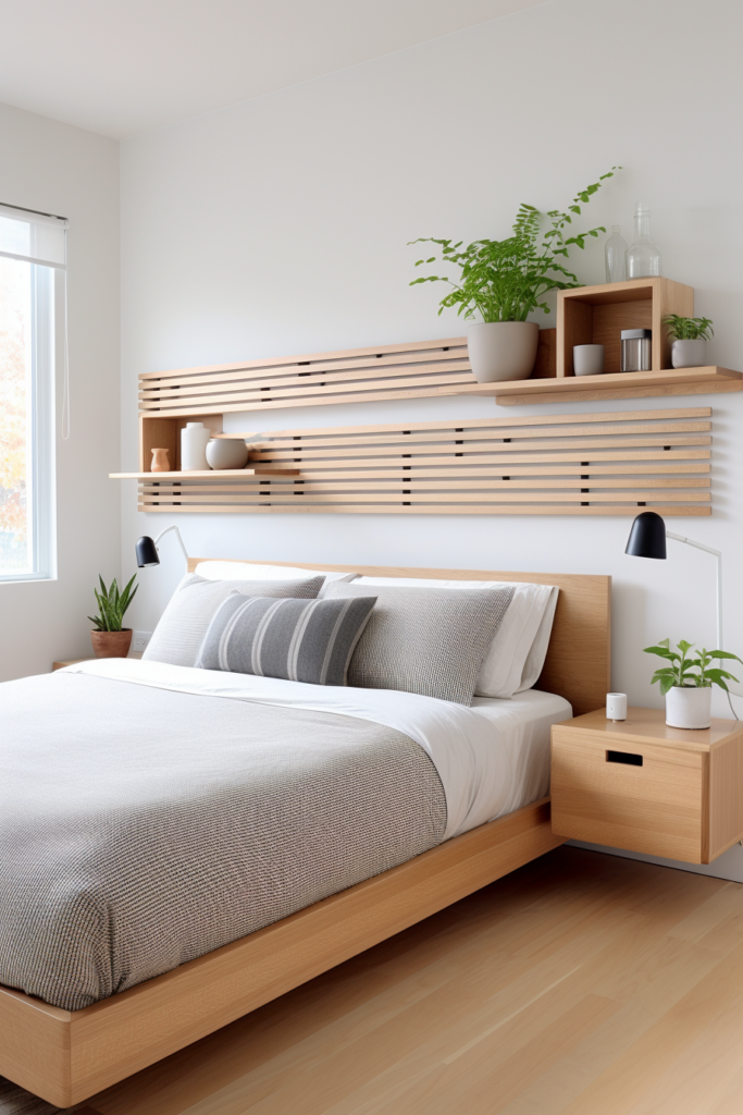 A modern bedroom with wooden shelving and a bed with built-in storage solutions, perfect for challenging spaces.