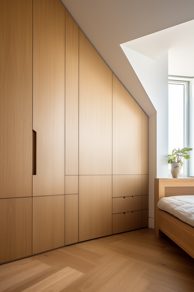 A bedroom with wooden cabinets and clever storage solutions.