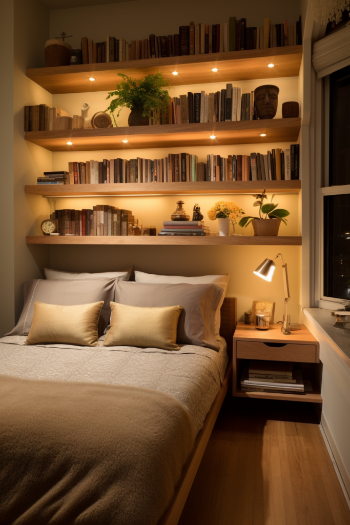An innovative bed with built-in shelving for storage in the room.