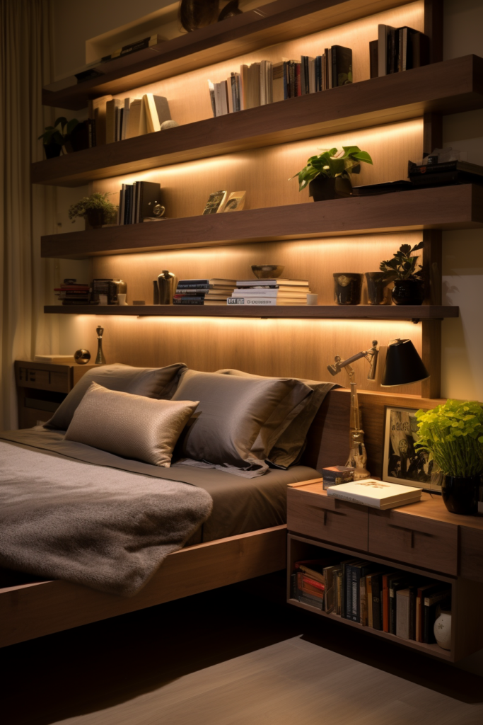 A bed with innovative shelving solutions in a challenging space.