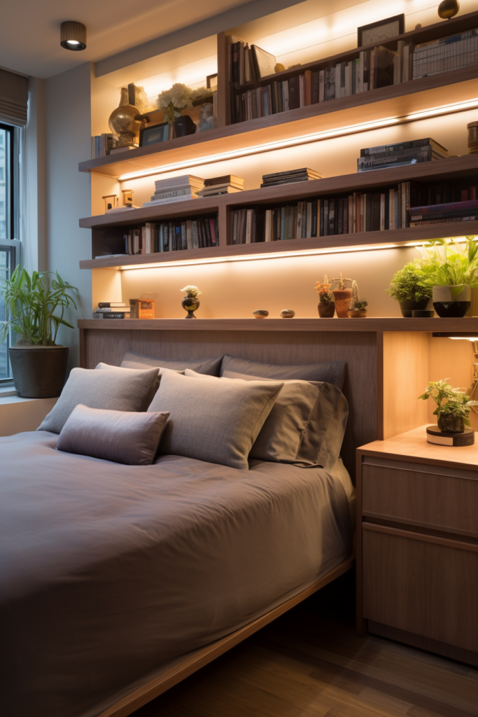 A bed with built-in shelving for challenging spaces, providing storage solutions in a bedroom.