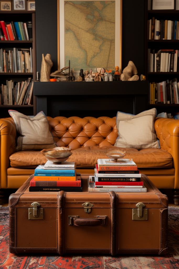A brown leather couch with storage solutions.