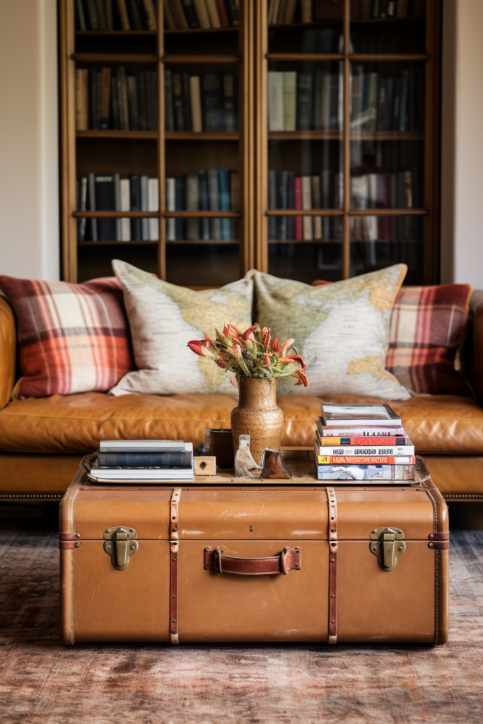 A brown suitcase sits on a coffee table in a living room, providing a convenient storage solution for challenging spaces.