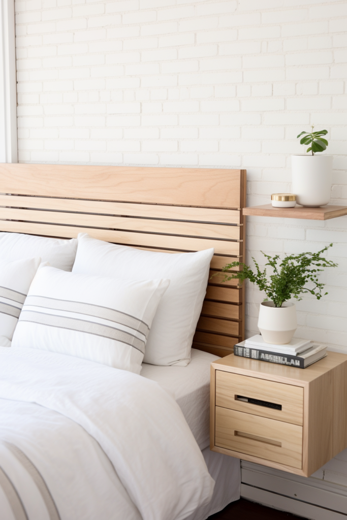 A bed with white sheets and a wooden headboard, perfect for challenging spaces.
