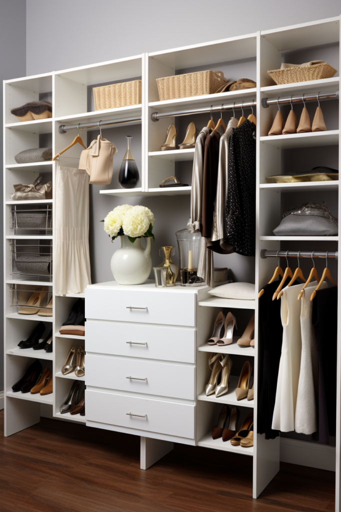 A white closet with ample shelving for storing a wide variety of clothes and shoes in challenging spaces.