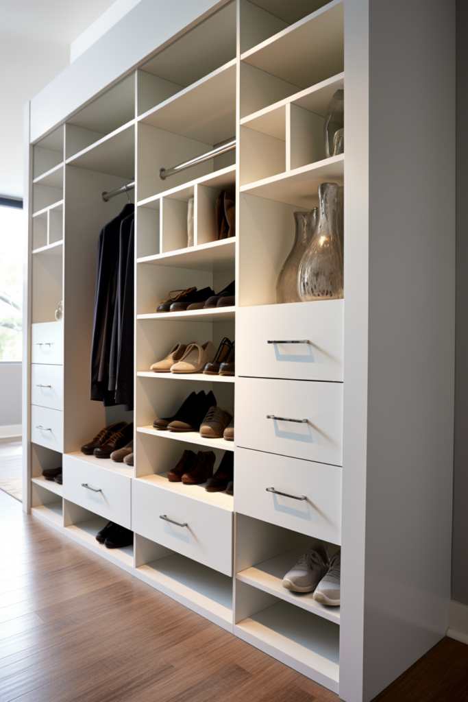 A white closet with a lot of shoes in it, featuring clever storage solutions and shelving for challenging spaces.