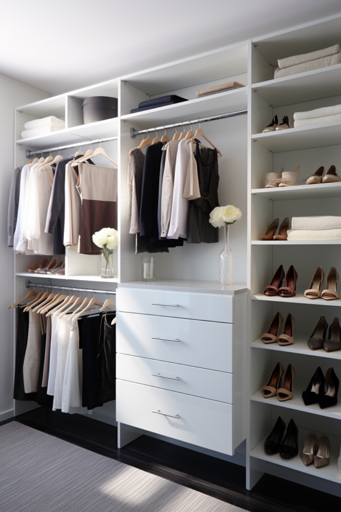 A walk in closet with challenging spaces and storage solutions equipped with shelving for a lot of clothes and shoes.