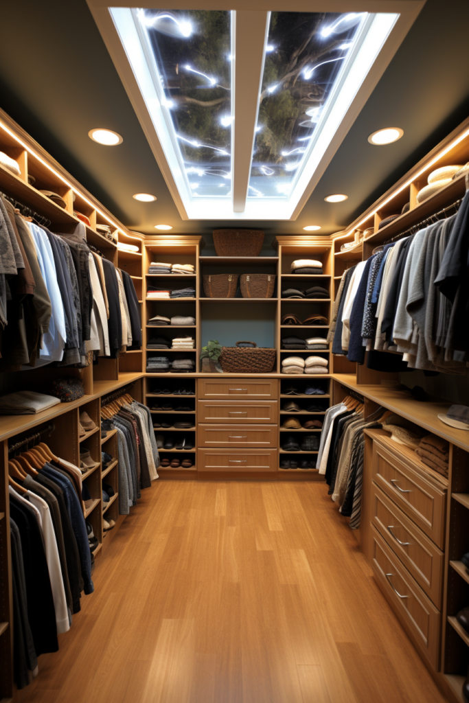 A walk in closet with challenging spaces and shelving storage solutions for a lot of clothes.