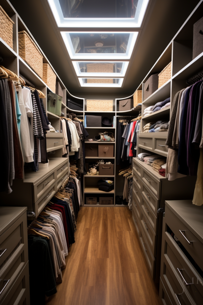 A walk in closet with lots of clothes, shelving, and drawers for organized storage solutions.