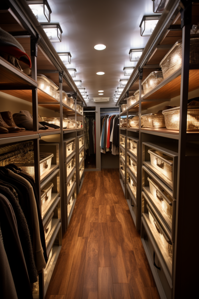 A walk-in closet with storage solutions for challenging spaces, featuring shelves and drawers.