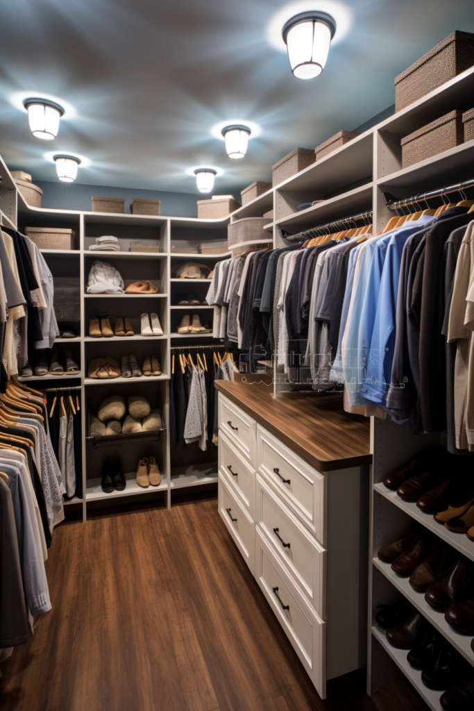 A walk-in closet with challenging spaces and storage solutions for lots of clothes and shoes.