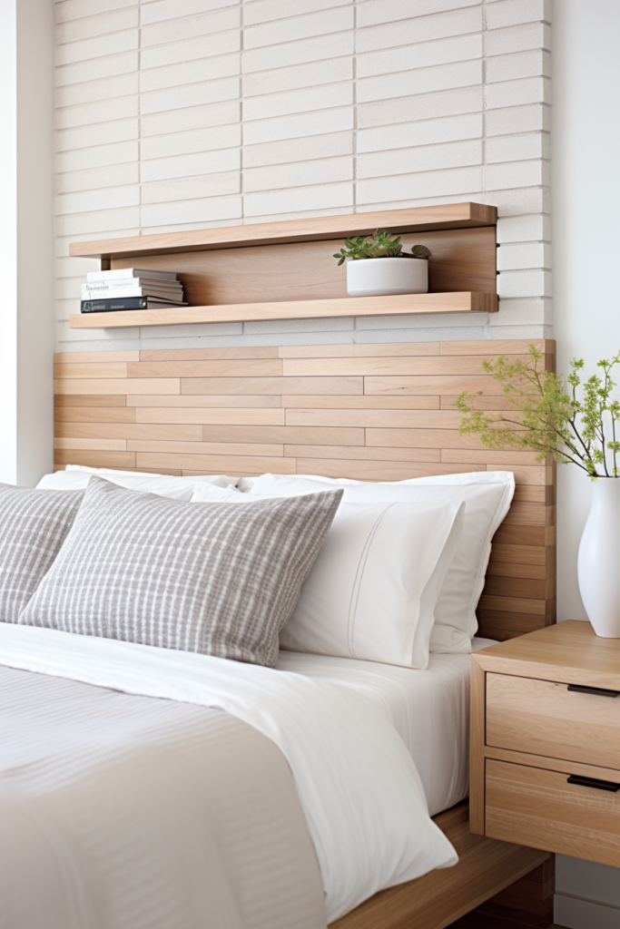 A bed in a bedroom with storage solutions and shelving for challenging spaces.