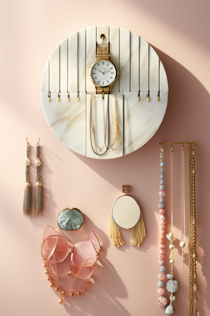 A collection of jewelry and a clock displayed on stylish shelving against a pink wall.