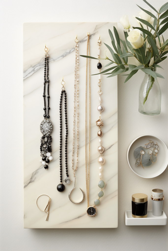 A marble board with necklaces, earrings, and a **storage solution** vase.