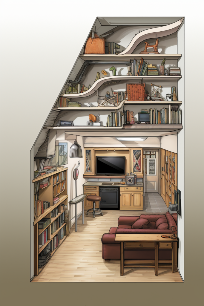 An innovative drawing of a room with bookshelves and a tv, showcasing unique shelving and storage solutions.