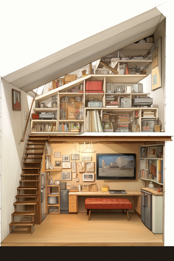 A 3D rendering featuring bookshelves and a staircase, providing storage solutions for challenging spaces.