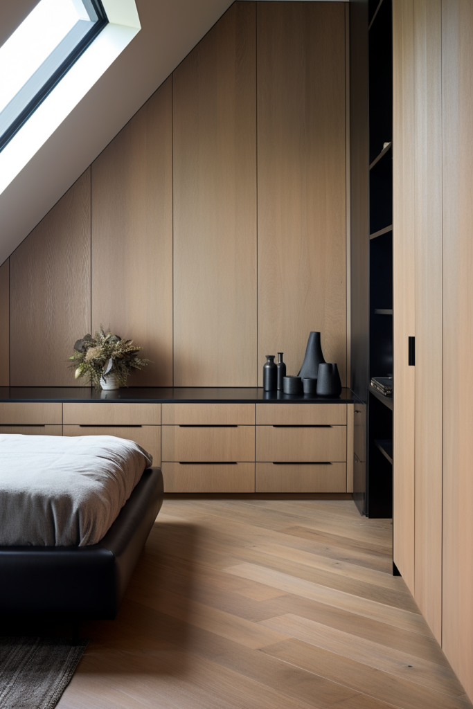A cozy attic bedroom with wooden walls and a bed, offering clever storage solutions for challenging spaces.