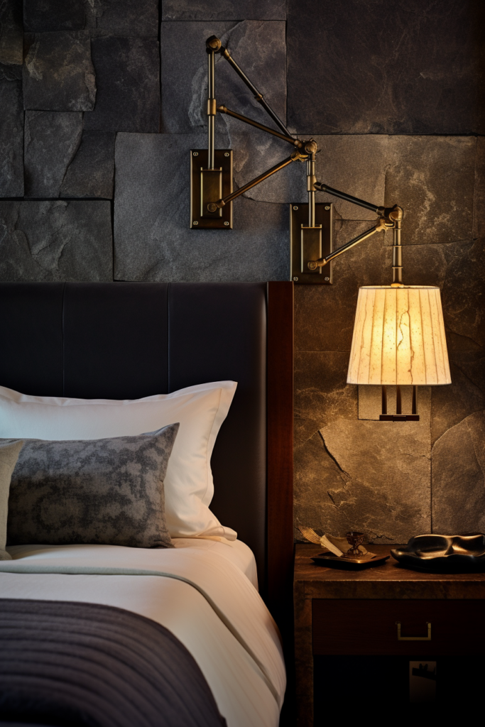 A hotel room with stylish décor and ambient lighting, featuring a comfortable bed.
