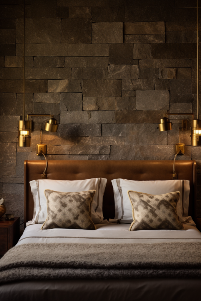 An elegantly decorated bed in a room with a stone wall, enhanced by ambient lighting from beautiful sconces.