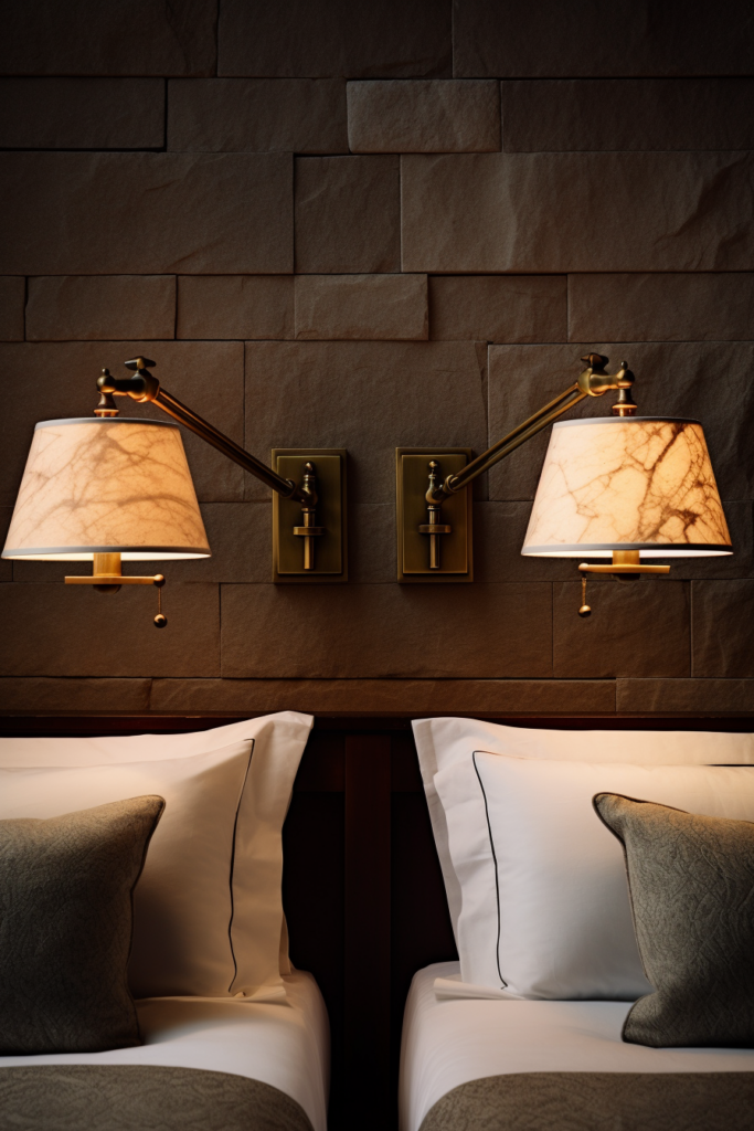 Two beds in a room with decorative sconces on a stone wall.