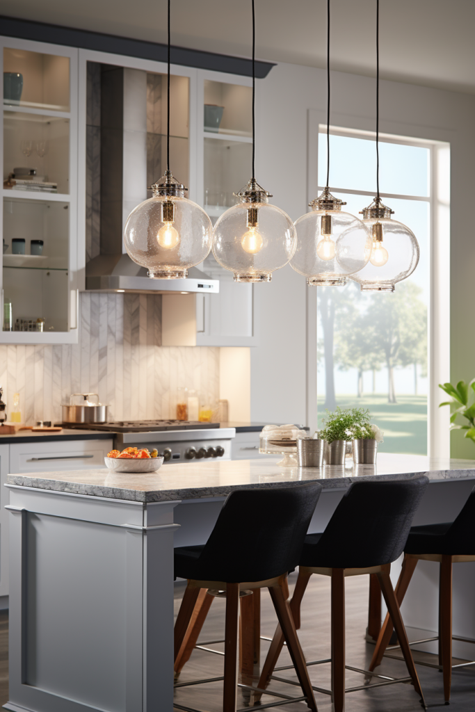 A kitchen with a glass pendant light over the island providing stylish lighting.