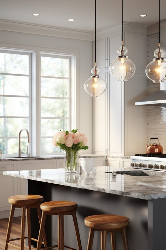 A kitchen with a large island, stools, and stylish lighting sconces.