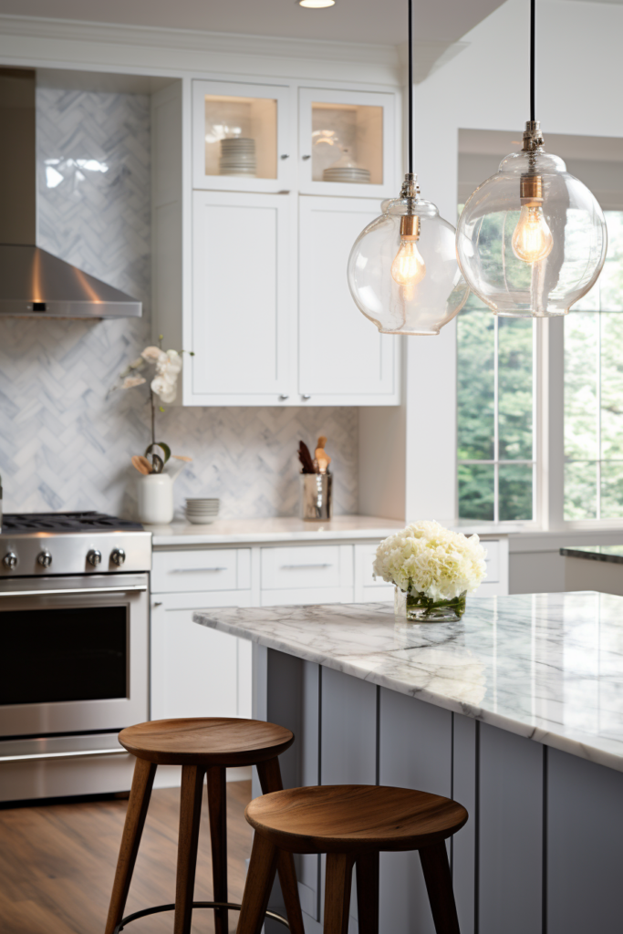 A white kitchen with a marble island and stools, beautifully lit by sconces for elegant decor.