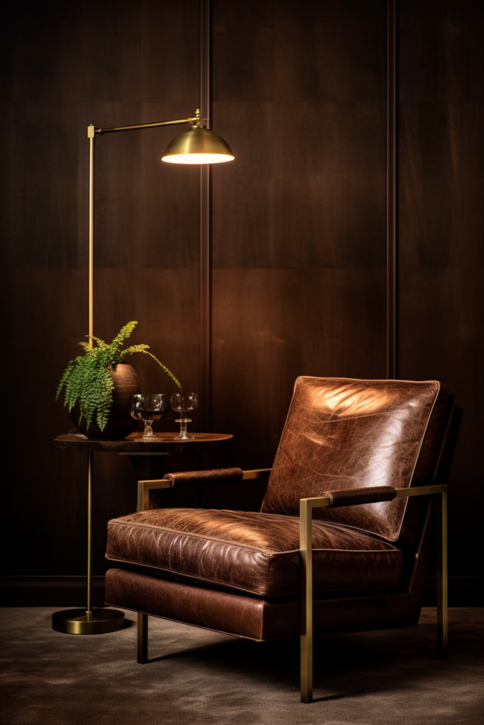 A leather chair next to a lamp, creating a cozy ambiance in the dark room.