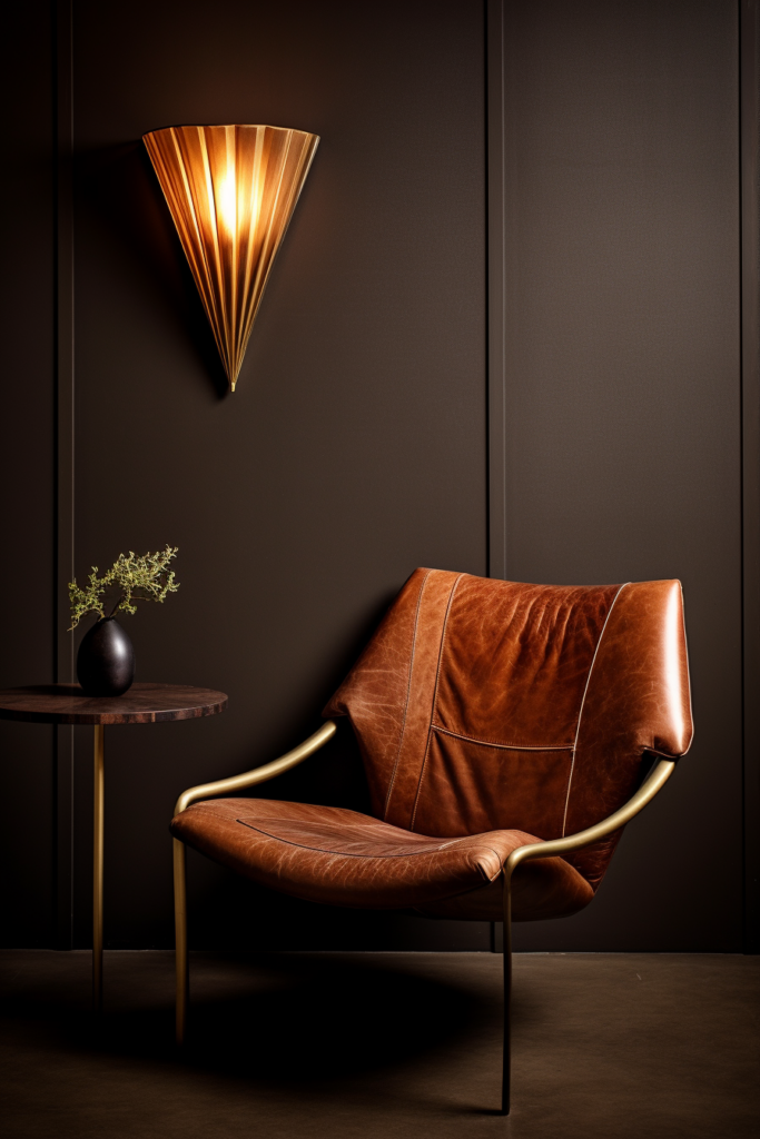 A brown leather chair with a lamp in front of it, providing cozy lighting and enhancing the décor.