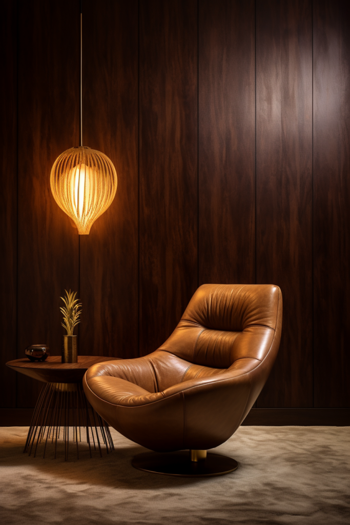 A brown leather chair with pendant lights in front of a wooden wall decorated with décor.
