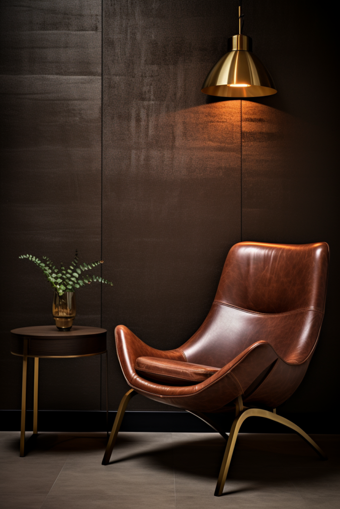 A brown leather chair in front of a black wall, enhancing the decor with sconces for lighting.