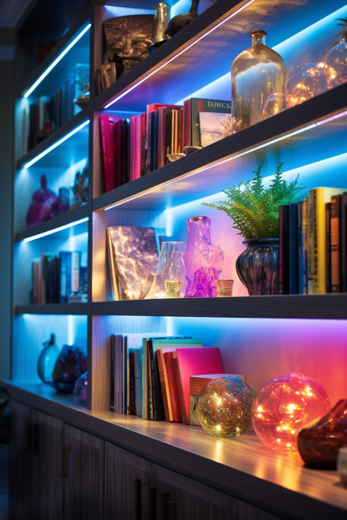 A living room with bookshelves lit up with colorful lights, enhancing the décor.