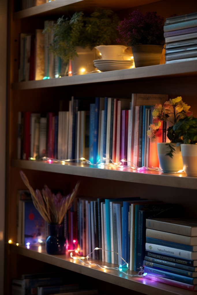 A book shelf with vibrant lighting décor.