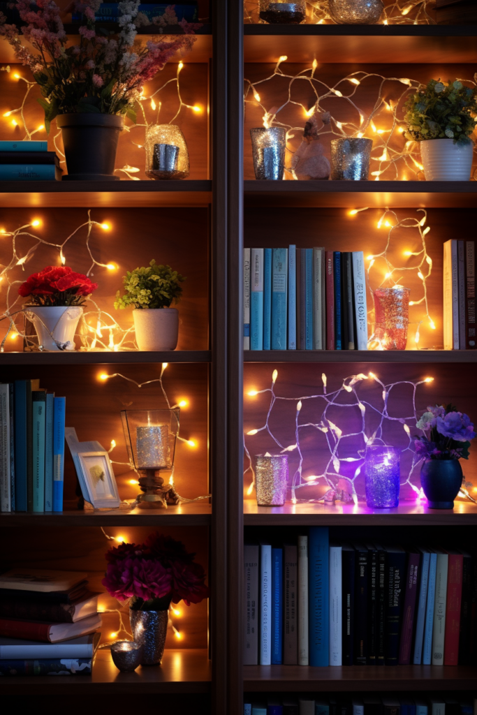 A bookshelf adorned with decorative lighting, sconces, and a touch of floral décor.