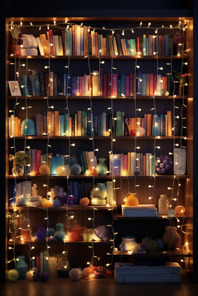 A well-appointed bookcase with beautiful lighting sconces, adorned with an impressive collection of books, serving as both functional storage and stylish décor.