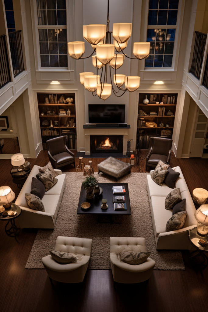 A large living room with comfortable couches, exquisite décor, and a warm fireplace for cozy lighting.