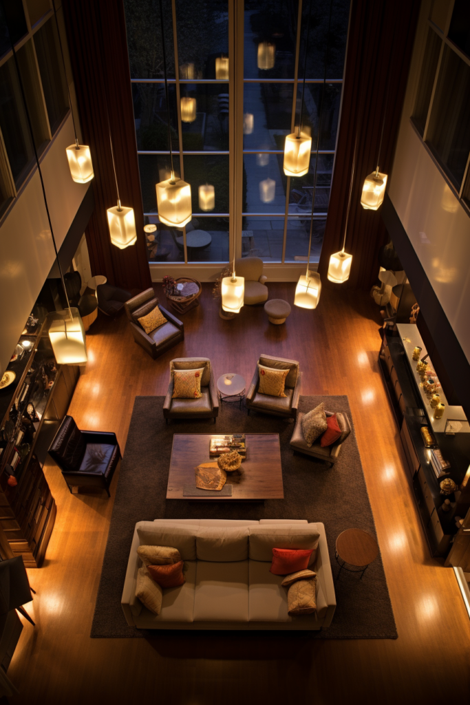 An aerial view of a living room with stylish décor and captivating lighting from sconces.