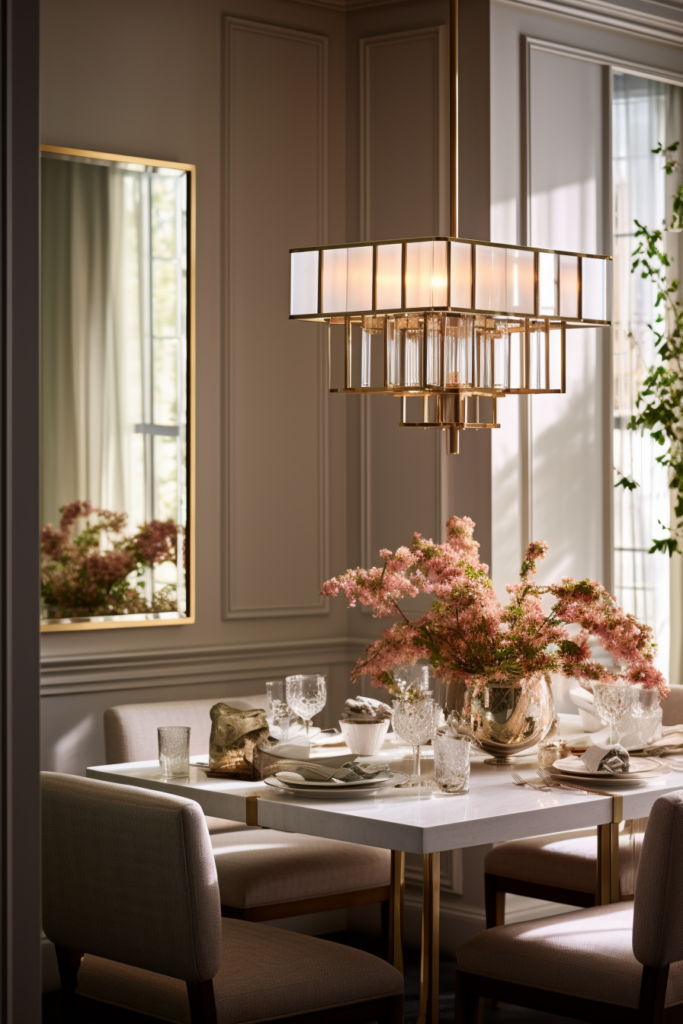 A dining room with a chandelier and decorative lighting fixtures.