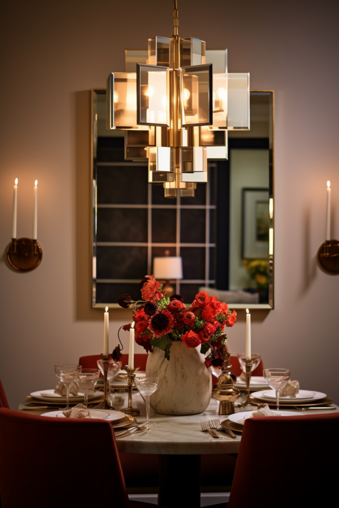 A dining room table with red chairs and a chandelier providing elegant lighting.