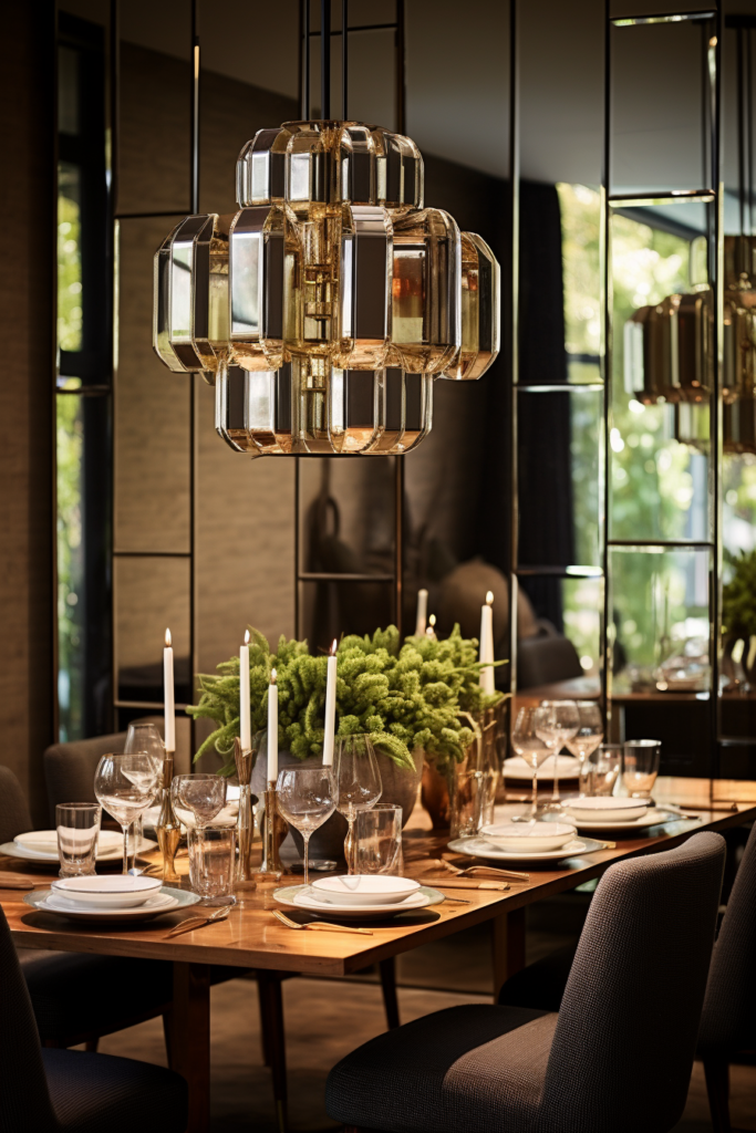 A modern dining room with stunning lighting, including a large chandelier.