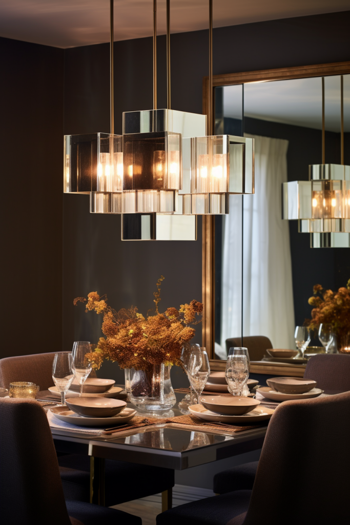 A dining room with an elegant chandelier, providing stunning lighting and a touch of glamour to the décor.
