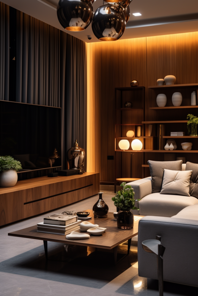 A modern living room with stylish decor and ambient lighting.