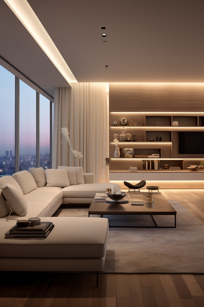 A white living room with stylish decor and lighting sconces, offering a breathtaking view of the city.