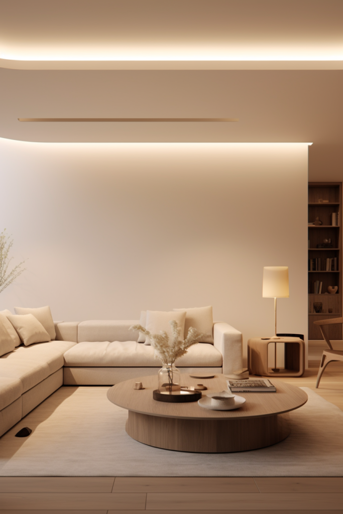 3D rendering of a living room with stylish lighting and décor.