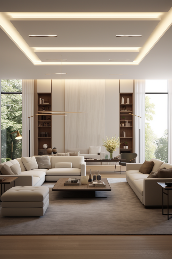 3D rendering of a modern living room with white furniture, showcasing elegant lighting fixtures and stylish décor.