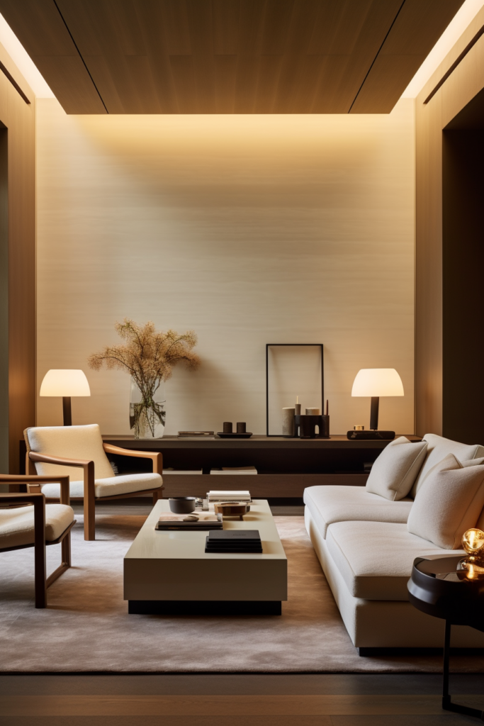A living room with white furniture and a lamp, enhanced by stylish lighting and décor.