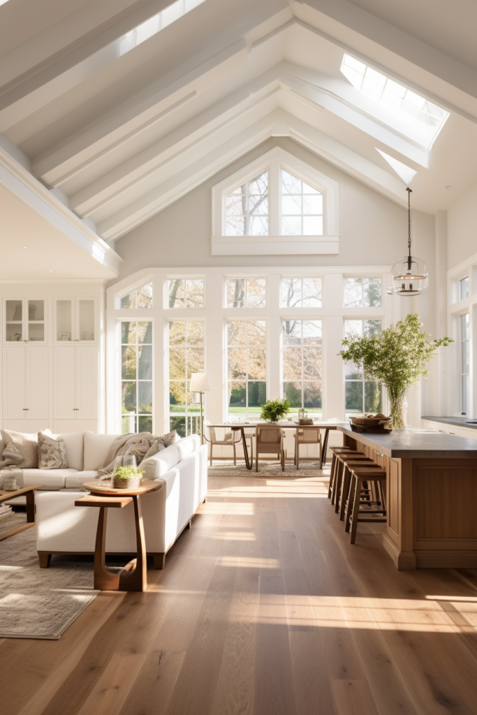 Enhance the lighting design in a large living room with hardwood floors and a vaulted ceiling.