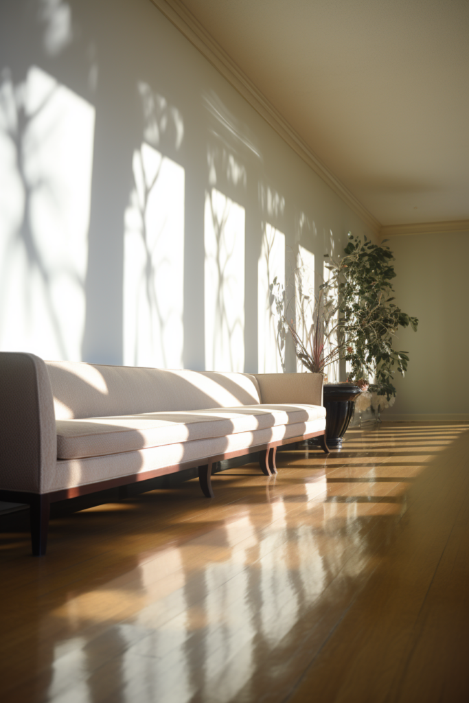 Enhance the lighting design in long and narrow spaces with a white couch on a wooden floor.