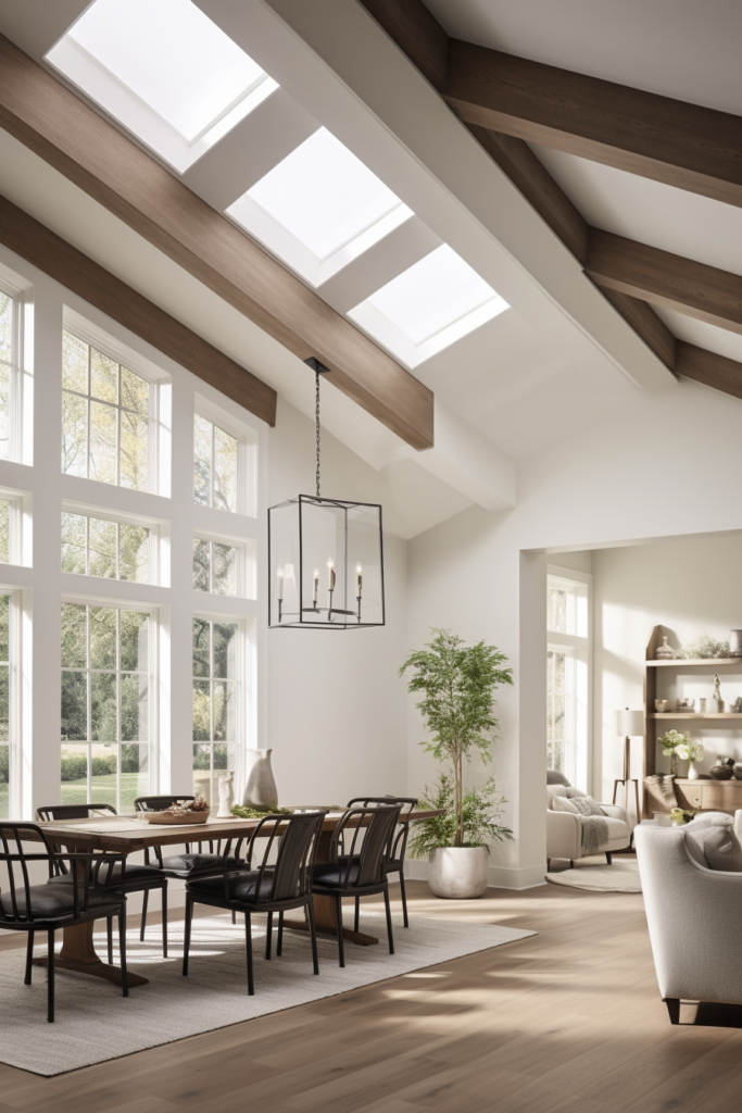 A long and narrow living room with large windows and wooden beams, designed to enhance natural lighting.